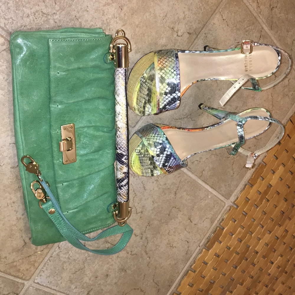 Michele leather green clutch with gold hardware